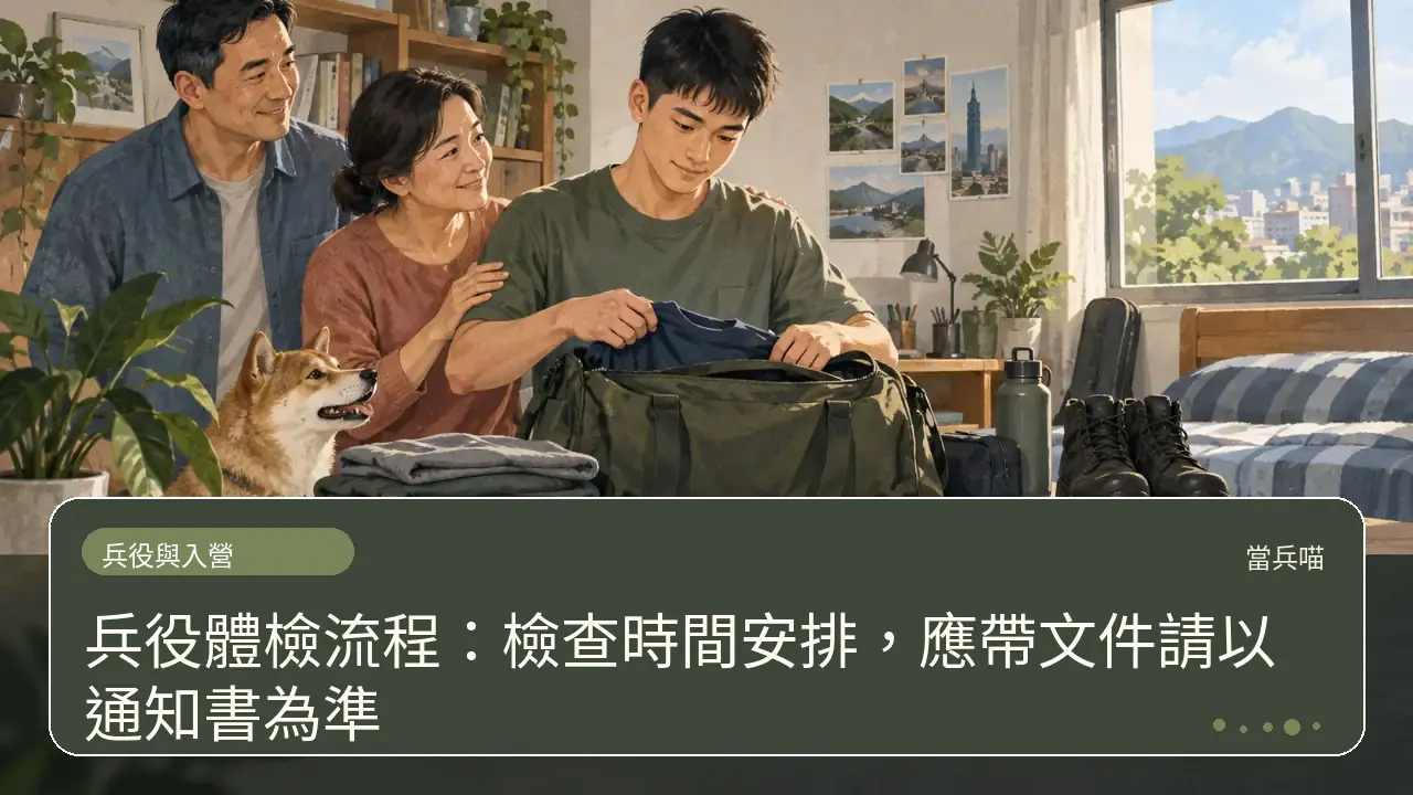 兵役體檢流程:檢查時間安排,應帶文件請以通知書為準主題插畫