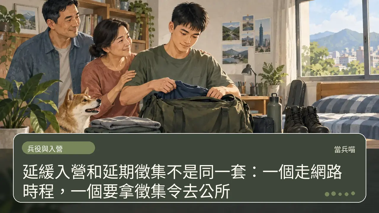 延緩入營和延期徵集不是同一套:一個走網路時程,一個要拿徵集令去公所主題插畫