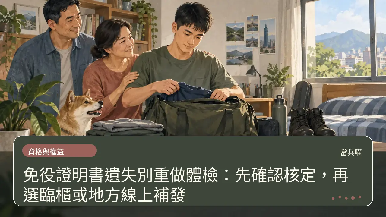 免役證明書遺失別重做體檢：先確認核定，再選臨櫃或地方線上補發主題插畫