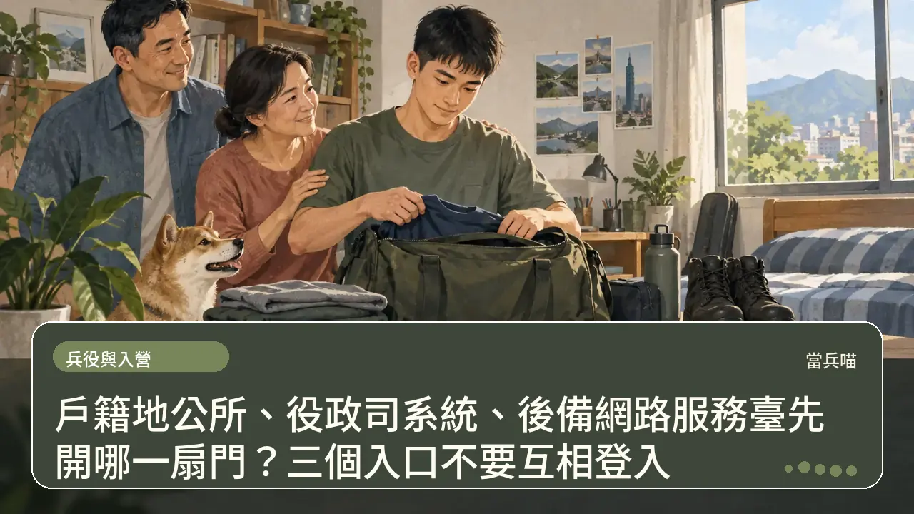 戶籍地公所、役政司系統、後備網路服務臺先開哪一扇門？三個入口不要互相登入主題插畫