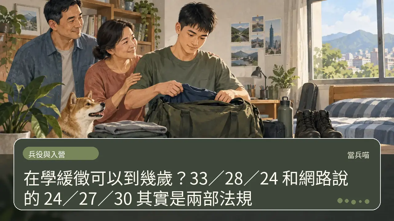 在學緩徵可以到幾歲？33／28／24 和網路說的 24／27／30 其實是兩部法規主題插畫