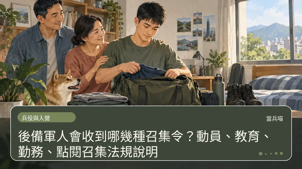 後備軍人會收到哪幾種召集令?動員、教育、勤務、點閱召集法規說明主題插畫