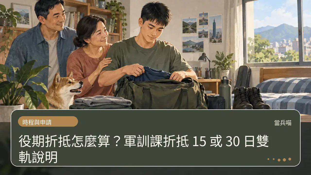 役期折抵怎麼算?軍訓課折抵 15 或 30 日雙軌說明主題插畫